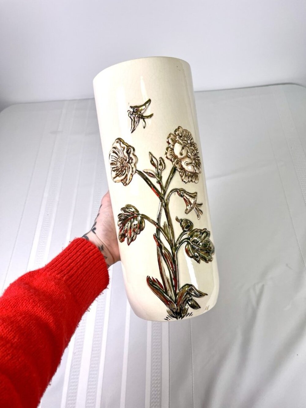 Vintage 50s Art Pottery Vase MCM Handpainted Flowers Ceramic Boho Mid Century - Picture 12 of 12